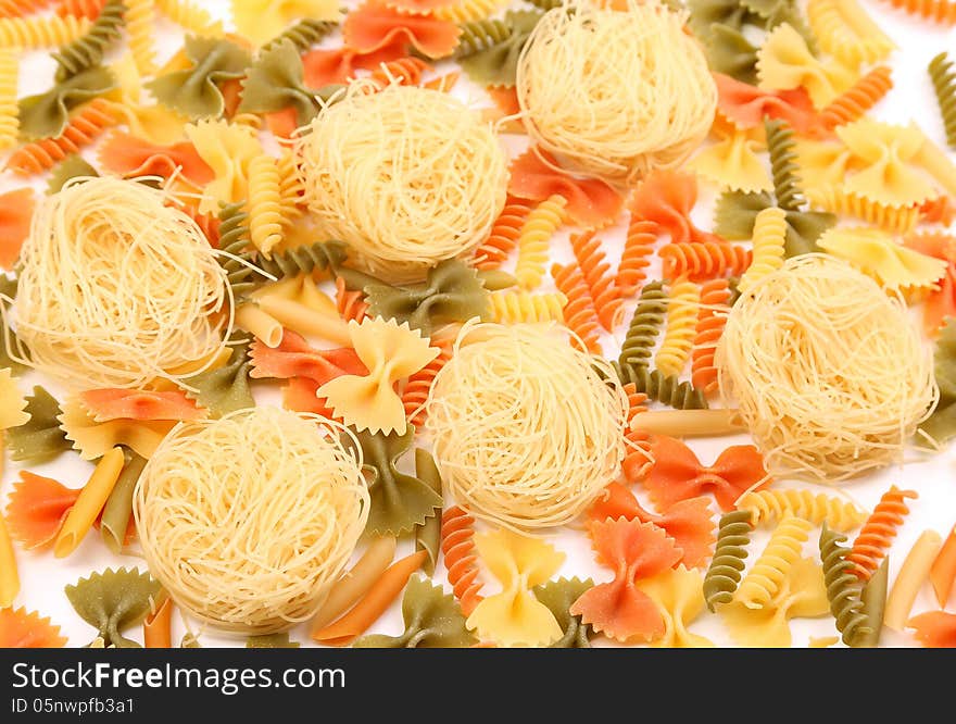 Different pasta in three colors close-up