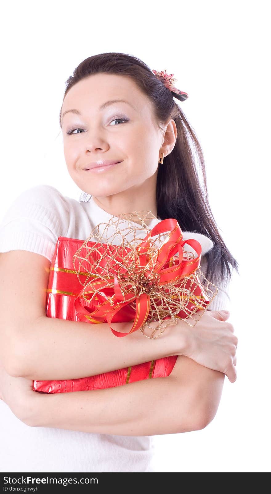 Attractive young woman with red gift box, isolated on white. Attractive young woman with red gift box, isolated on white