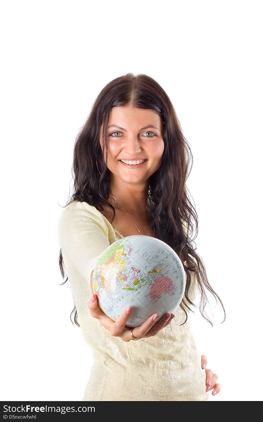 Woman with globe isolated on white. Woman with globe isolated on white