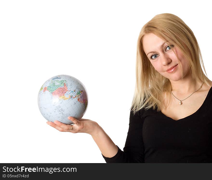 Woman with globe isolated on white. Woman with globe isolated on white