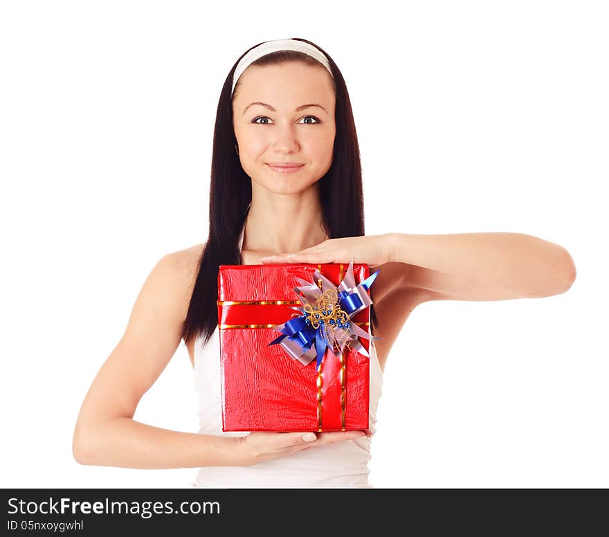 Attractive young woman with red gift box, isolated on white. Attractive young woman with red gift box, isolated on white.