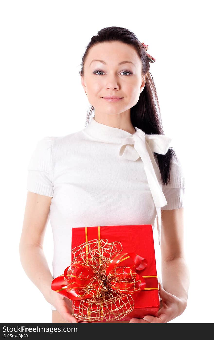 Happy Woman Holding A Gift Boxes.