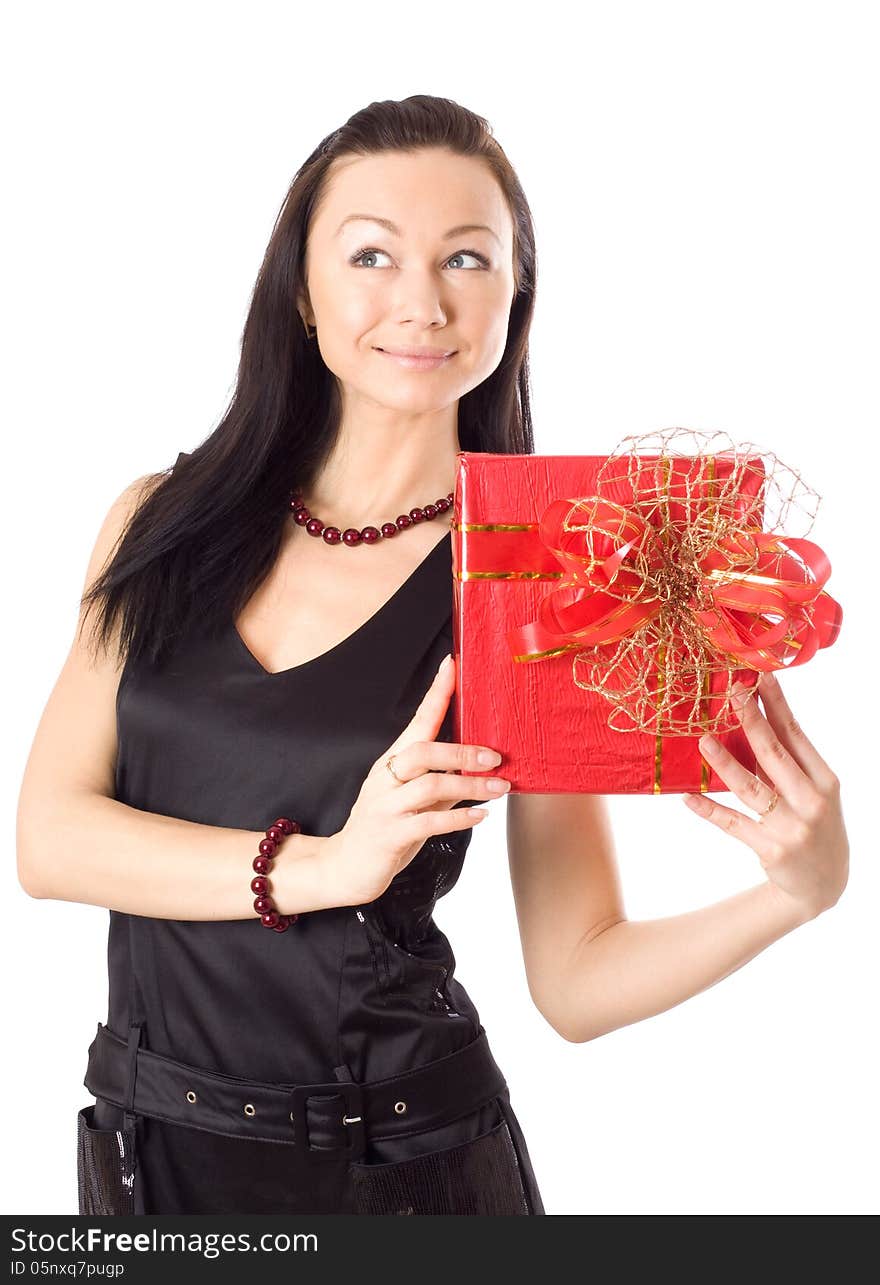 Attractive young woman with red gift box, isolated on white. Attractive young woman with red gift box, isolated on white