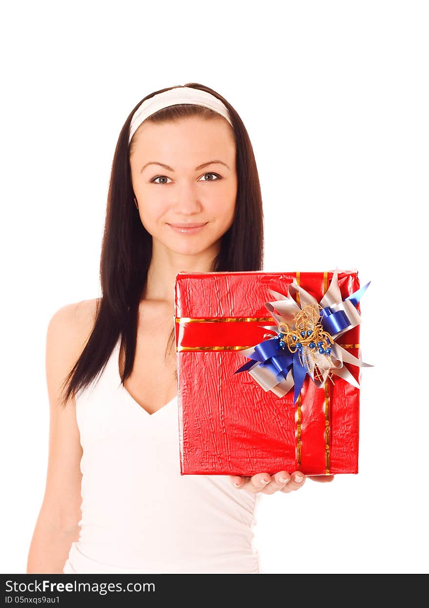 Attractive young woman with red gift box, isolated on white. Attractive young woman with red gift box, isolated on white