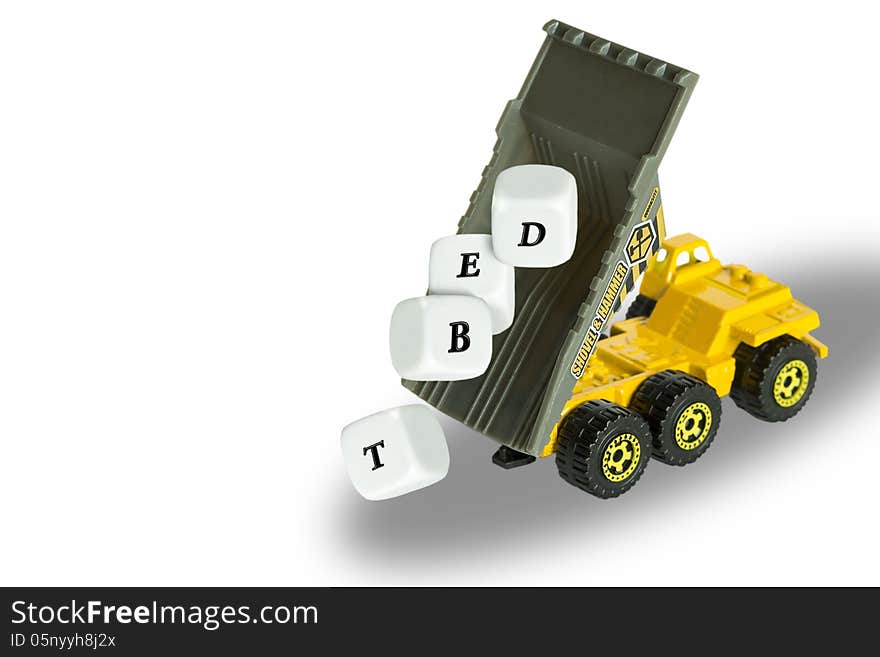 Toy car with with four dices at white background. Toy car with with four dices at white background.