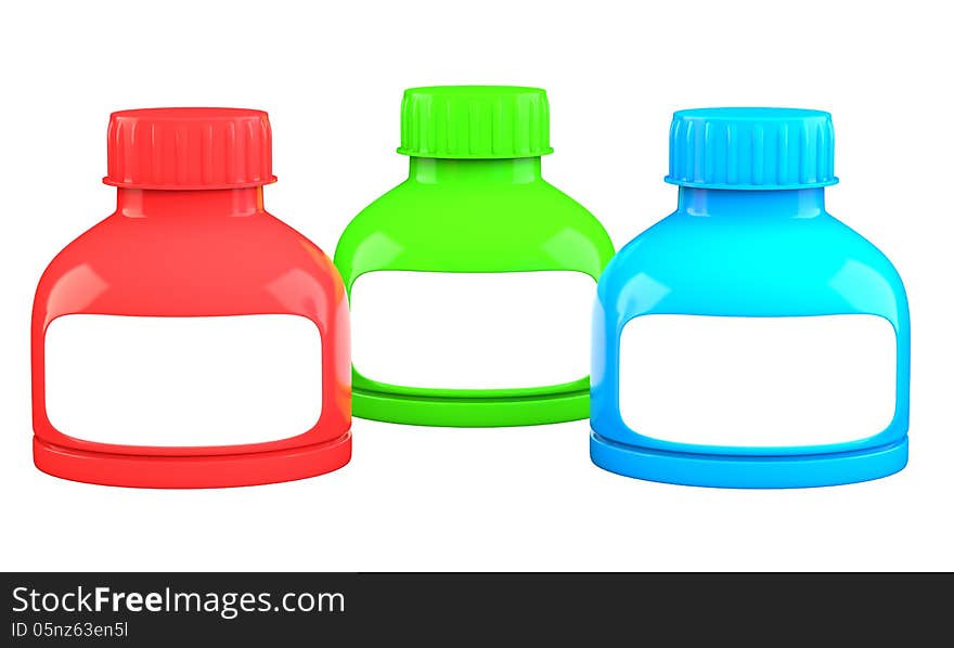 Three colored plastic containers isolated on white background. 3d illustration