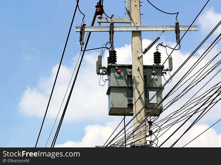 Transformer and power lines on electric pole