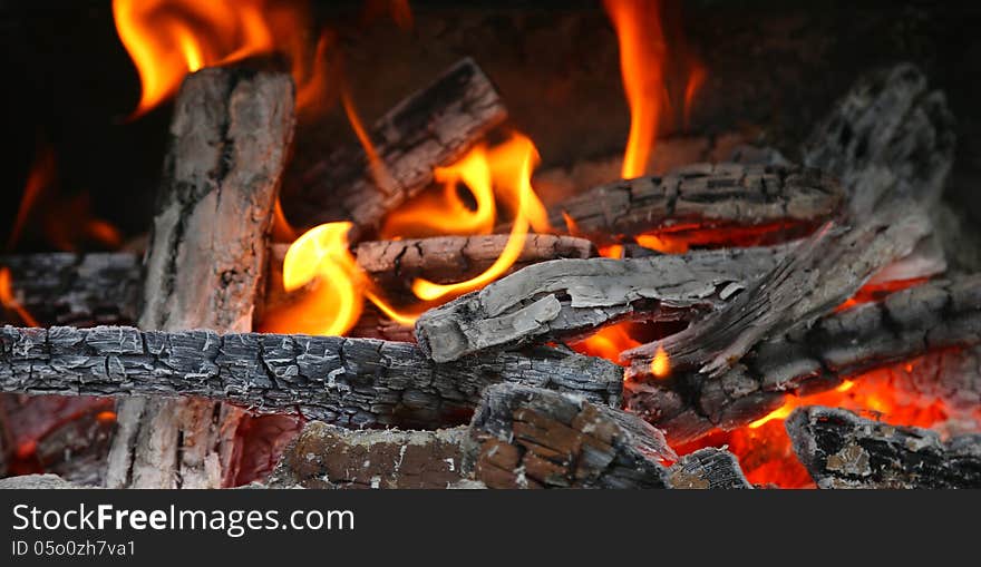 Fireplace with coals burning down. whole background