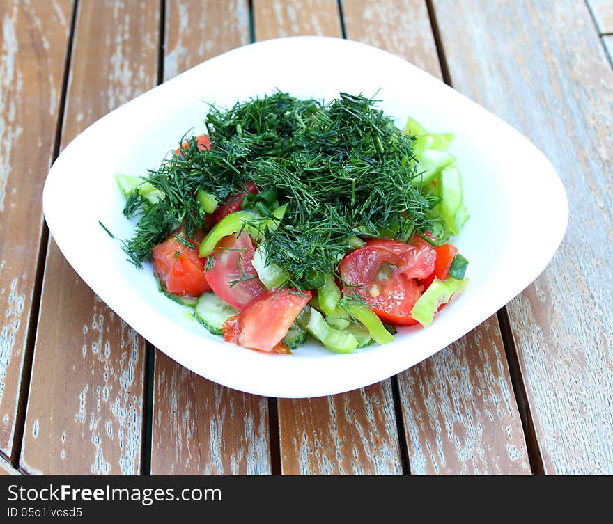 Vegetable salad in white plate on garden table.