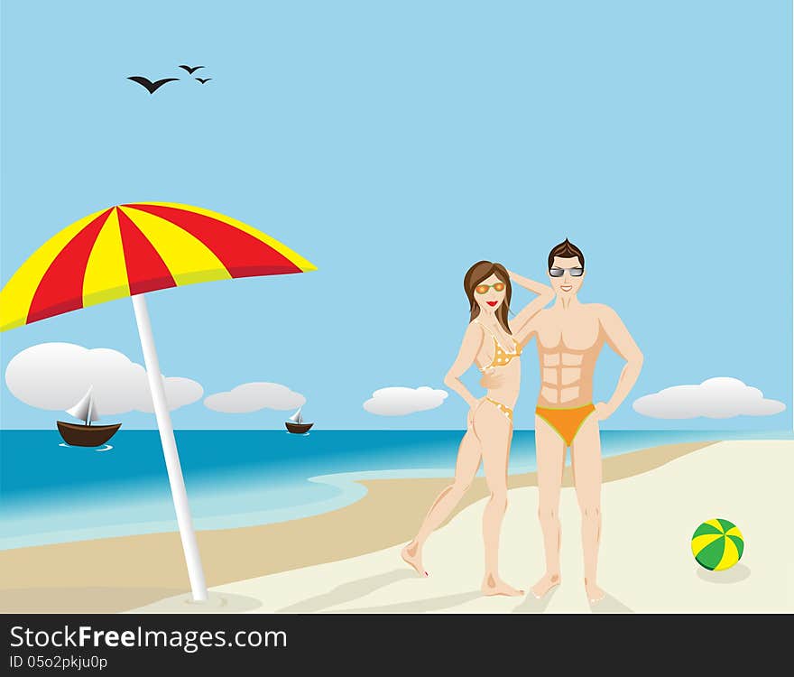 One pair standing in beach and they give pose to still. One pair standing in beach and they give pose to still