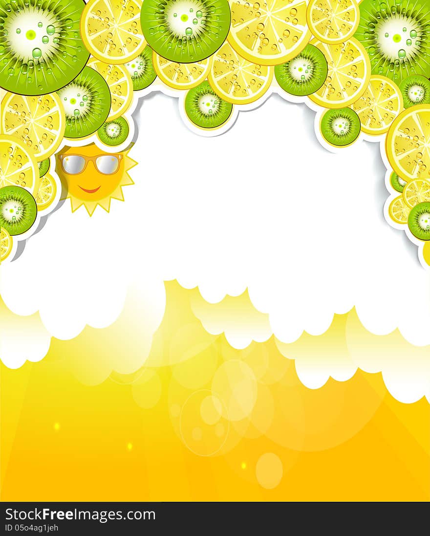 Luminous cloudy background with elements of kiwi a