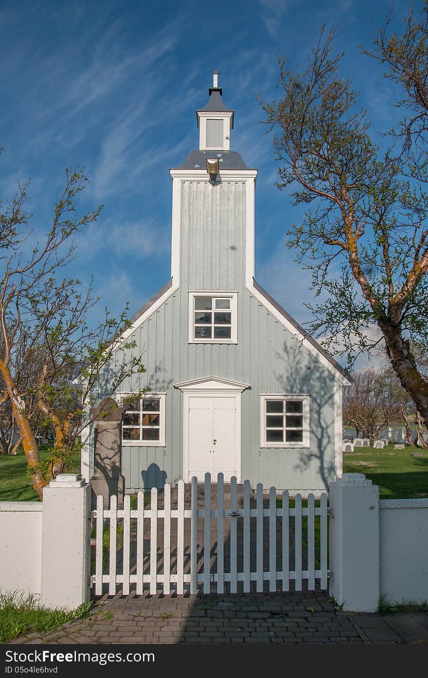 Traditional icelandic church (Skútustaðakirkja) on clear sunny day. Traditional icelandic church (Skútustaðakirkja) on clear sunny day