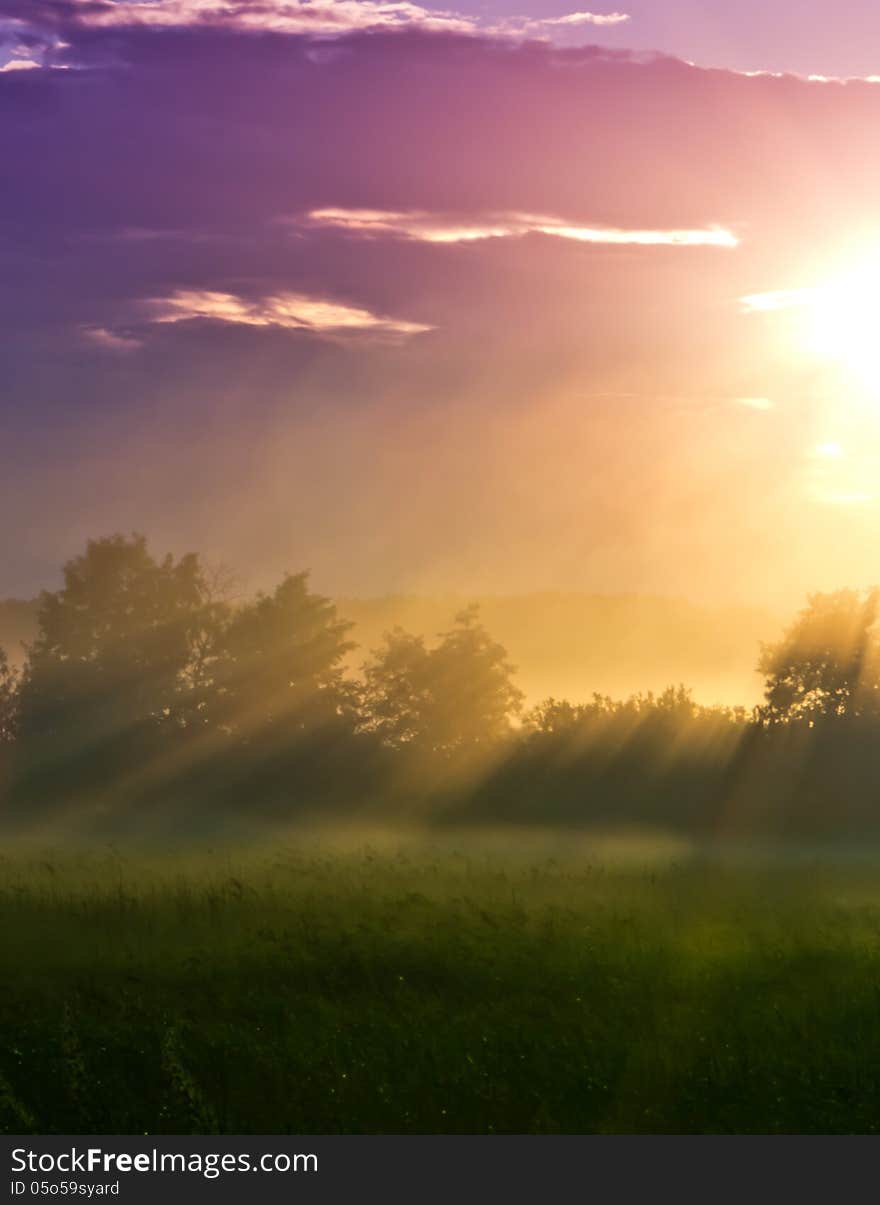 Sun beams in a foggy valley after a thunder-storm