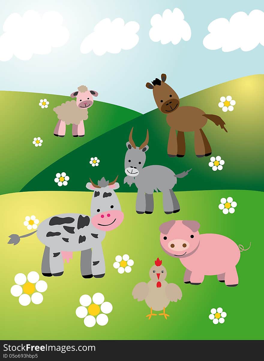 Vector graphic image with farm animals walking in the fields. Vector graphic image with farm animals walking in the fields