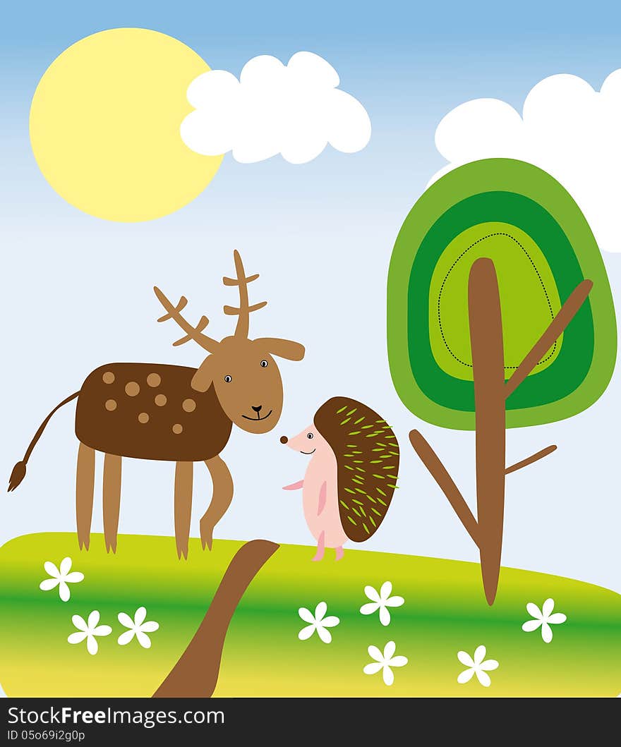 Vector graphic image with hedgehog and deer walking in the forest. Vector graphic image with hedgehog and deer walking in the forest