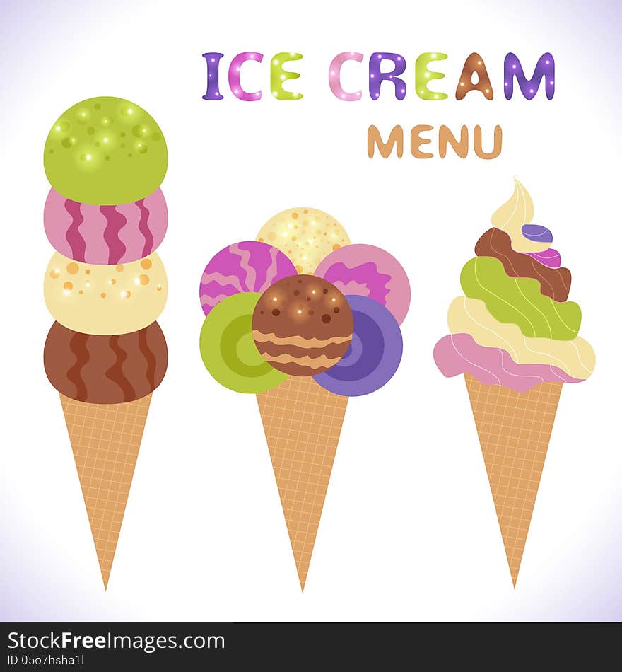 Ice cream menu with icons. Very delicious and funny. May use for design of happy frozen party. Vector illustration for your holiday business.