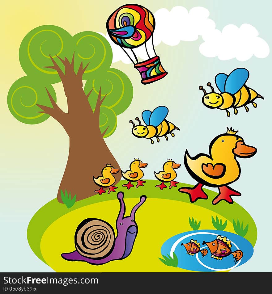 Vector graphic image with funky animals walking in the fields. Vector graphic image with funky animals walking in the fields