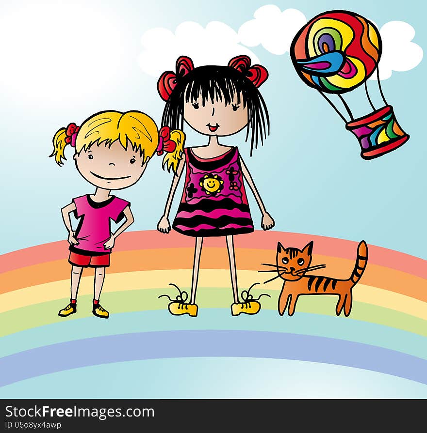 Vector graphic image with two little funny girls staying on rainbow. Vector graphic image with two little funny girls staying on rainbow