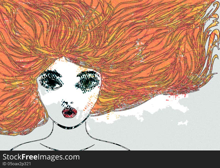 Abstract portrait of a girl with red hair, digital watercolor effect. Abstract portrait of a girl with red hair, digital watercolor effect.