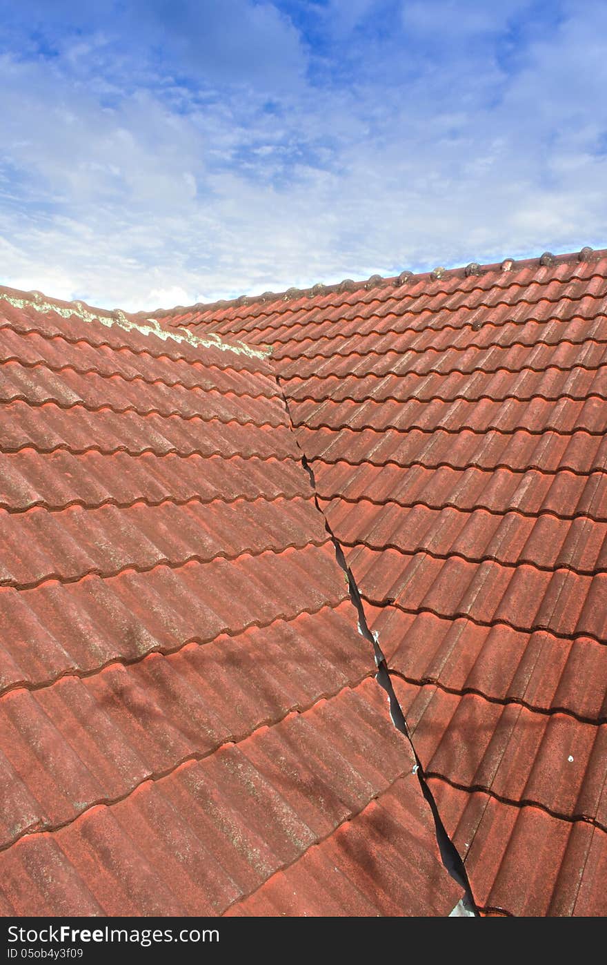 The Tiled Roof with Fluffy Cloud Blue Sky