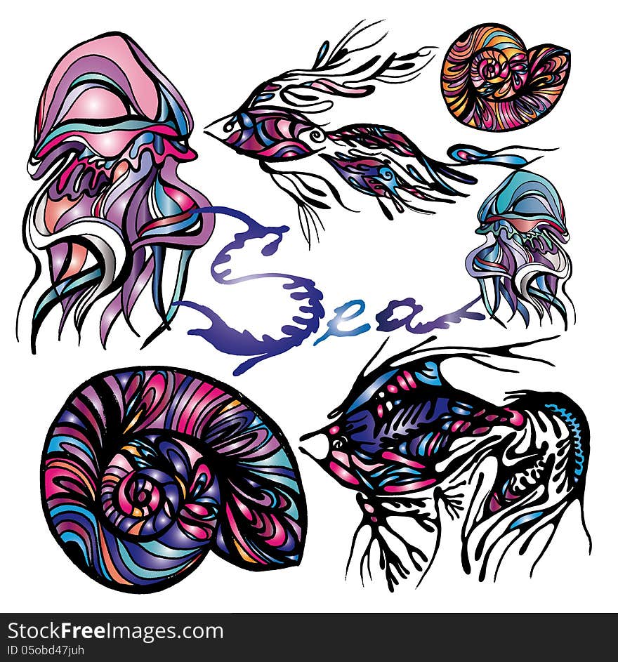 Vector image with graphic sea animals kit. Vector image with graphic sea animals kit