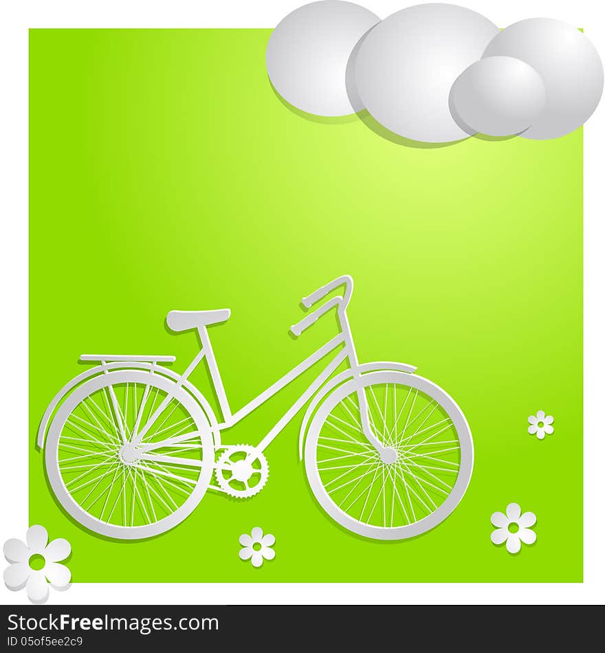 Green summer background with bicycle and clouds. Green summer background with bicycle and clouds