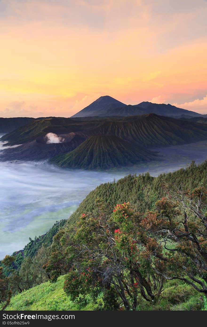 Bromo Mountain in Tengger Semeru National Park at sunrise