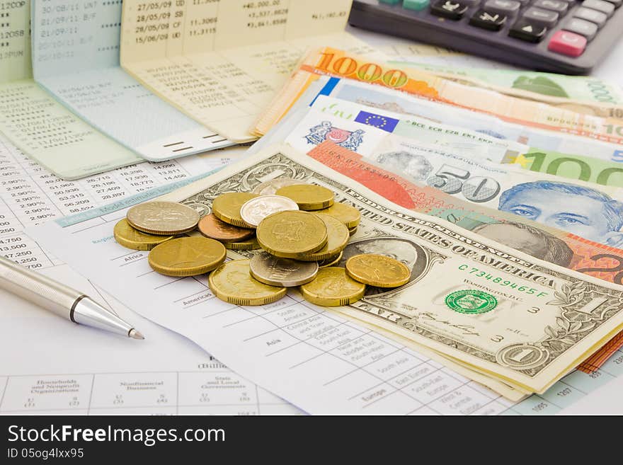 Currency and paper money of world, saving account and money concept