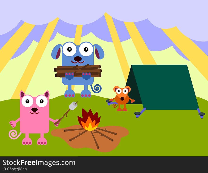 A cartoon illustration of a dog, cat, and a mouse camping outdoors. A cartoon illustration of a dog, cat, and a mouse camping outdoors