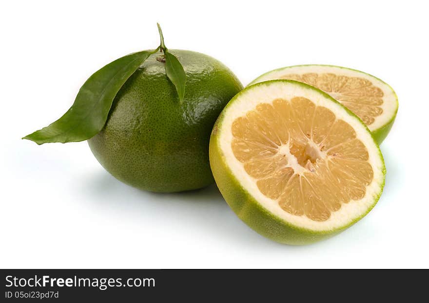 Citrus sweety fruit with leaves on white background