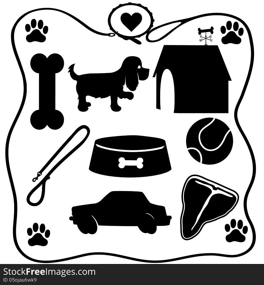 Assoted silhouettes of the things dogs love - a bone,food,steak,cars etc. Assoted silhouettes of the things dogs love - a bone,food,steak,cars etc