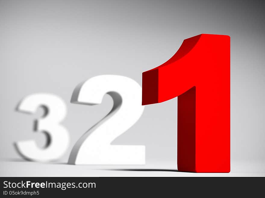 Numbers three two and red one over a grey background with depth of field effect. 3D render with depth of field effect. Numbers three two and red one over a grey background with depth of field effect. 3D render with depth of field effect