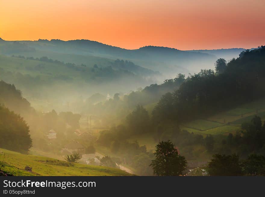 Early morning fog in mountains