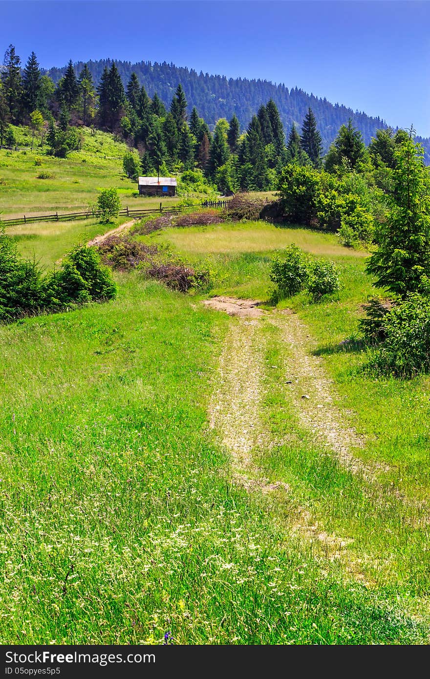 Road in the mountains to the house