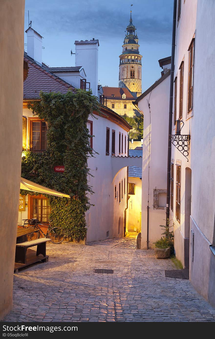 Image of old Czech town- Cesky Krumlov at twilight. Image of old Czech town- Cesky Krumlov at twilight.