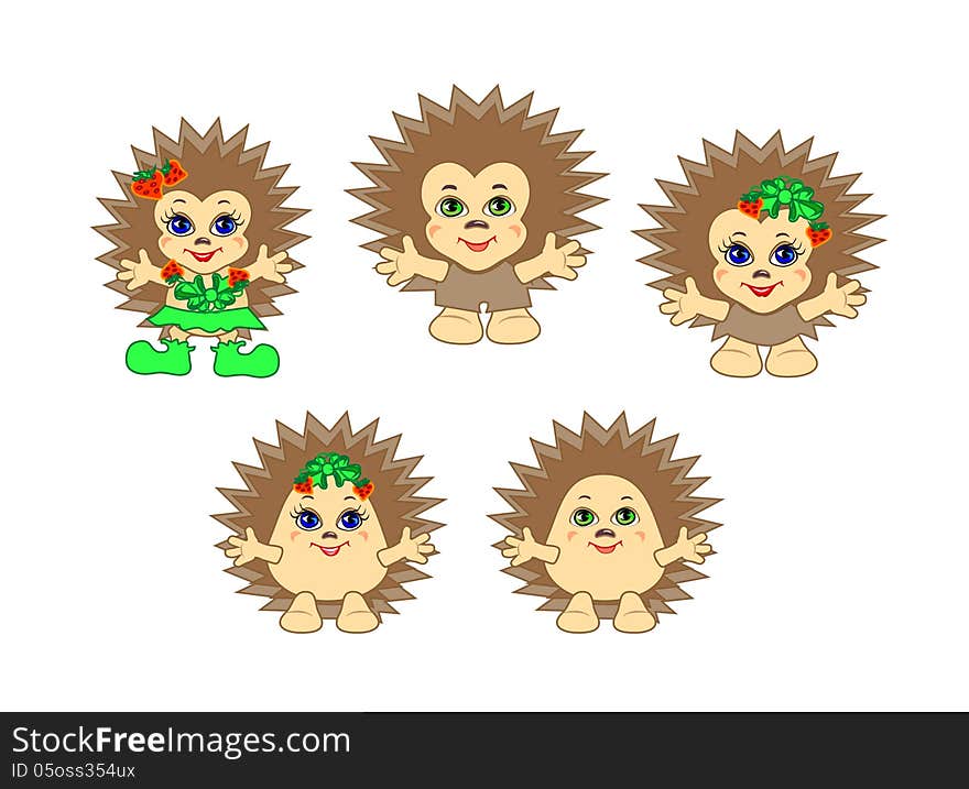 Funny characters baby hedgehogs boys and girls in the vector. Funny characters baby hedgehogs boys and girls in the vector