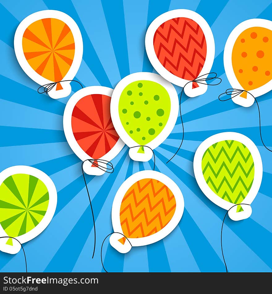 Funny postcard with balloons. Vector illustration for your holiday presentation. Easy to use and color change. Postcard picture in bright red, green, orange and blue color.