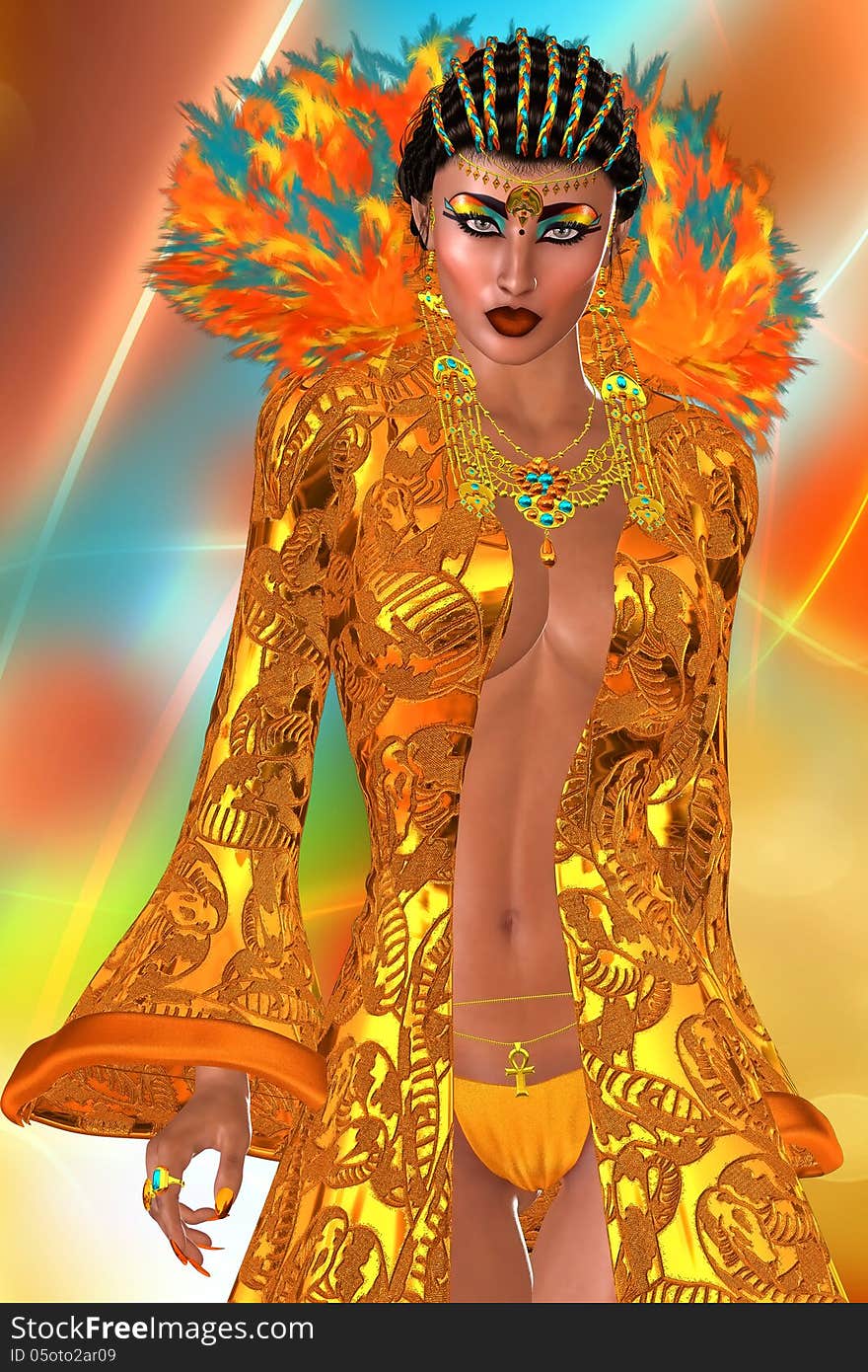 This is a rendition of a gorgeous woman dressed in an exquisite orange robe enhanced with a set of opulent feathers on an abstract background' close up version. This is a rendition of a gorgeous woman dressed in an exquisite orange robe enhanced with a set of opulent feathers on an abstract background' close up version.