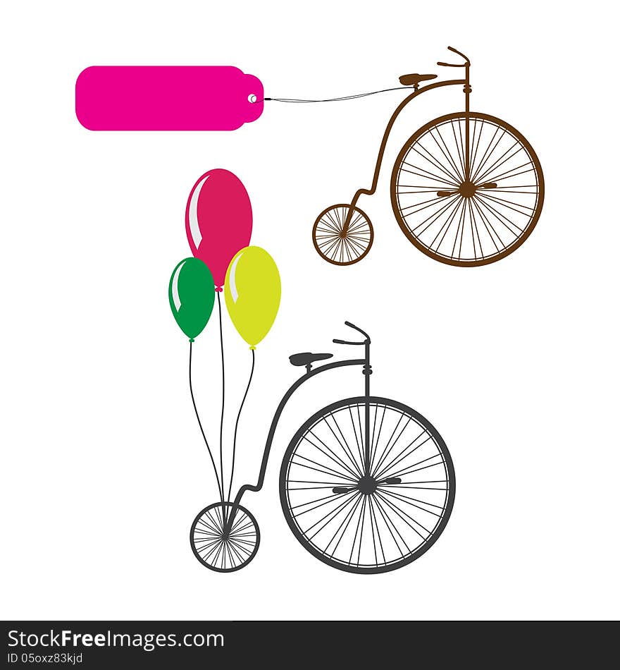 Retro bicycle with tags and balloons. celebration icons.