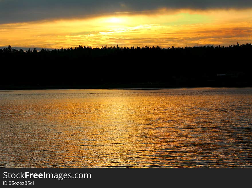 A golden sunset reflection over a large body of water, silhouette of forest in background. A golden sunset reflection over a large body of water, silhouette of forest in background.