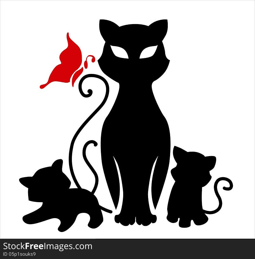 Black cat with kittens on a white background. Black cat with kittens on a white background