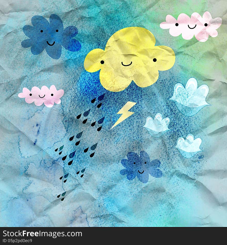 Funny colored clouds and rain on a blue background crumpled paper. Funny colored clouds and rain on a blue background crumpled paper