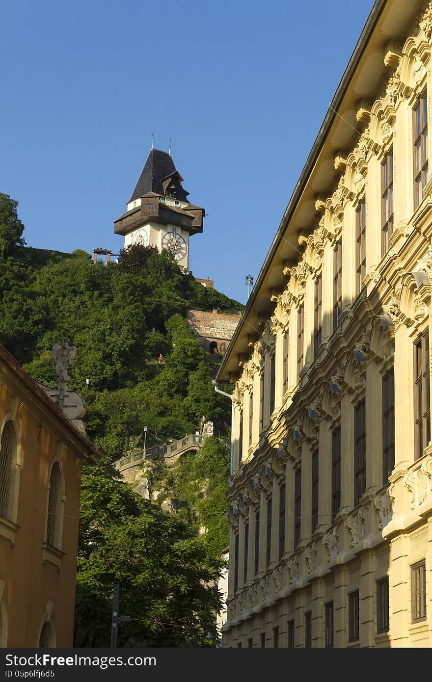 The clock tower at the top of the Schlossberg, symbol of the Austrian city. The people of Graz paid a ransom to Napoleon to keep it preserved from destruction.