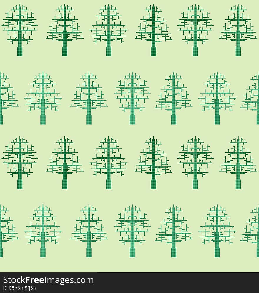 Pixel decorative trees on green seamless background