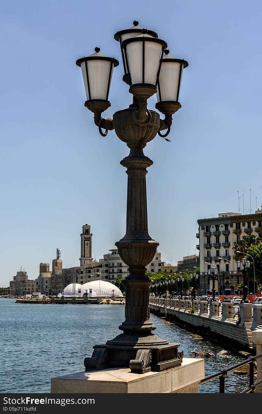 Iconic street lamp along the waterfront in Bari Italy