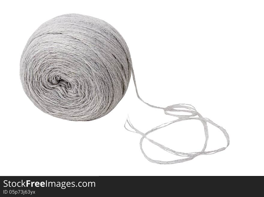 Ball of grey yarn isolated on white