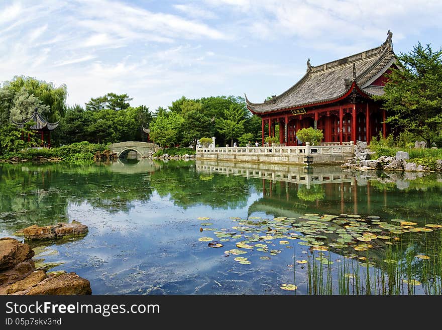 Chinese style inspired landscape with reflection in the water. Chinese style inspired landscape with reflection in the water