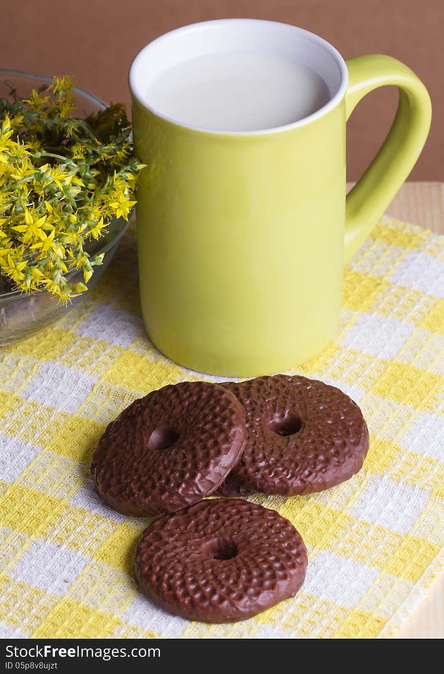 Chocolate  cookies and milk, selective focus