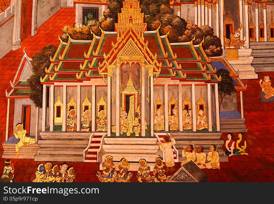 Thai art painting on the wall of Temple of the Emerald Buddha and grand palace for tourists and public.