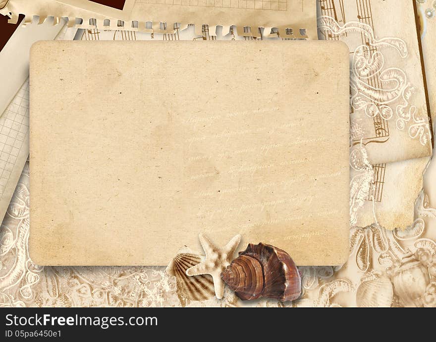 Vintage Background With Stack Old Card And Seashells